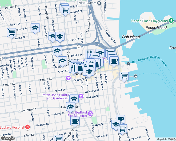 map of restaurants, bars, coffee shops, grocery stores, and more near in New Bedford