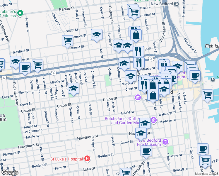 map of restaurants, bars, coffee shops, grocery stores, and more near 115 Court Street in New Bedford