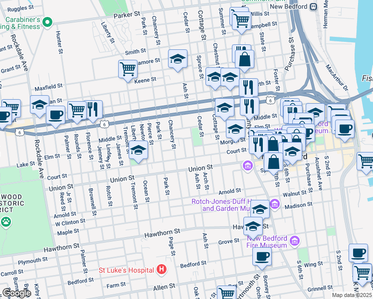 map of restaurants, bars, coffee shops, grocery stores, and more near 155 Court Street in New Bedford