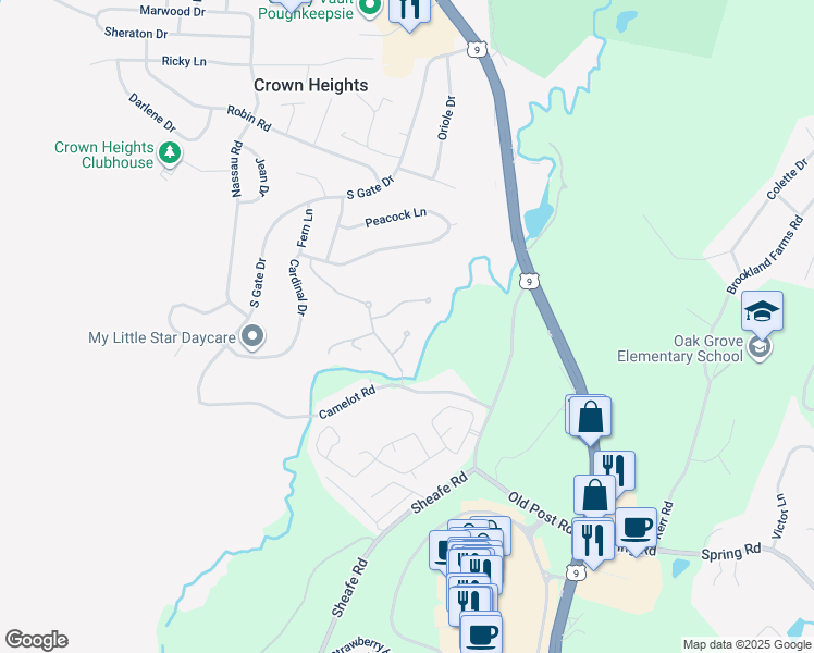 map of restaurants, bars, coffee shops, grocery stores, and more near 16 Rambling Brook Lane in Poughkeepsie