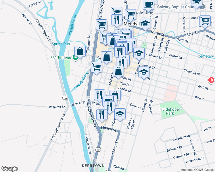 map of restaurants, bars, coffee shops, grocery stores, and more near 1088 Market Street in Meadville