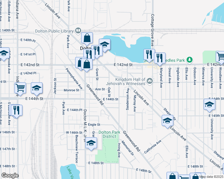 map of restaurants, bars, coffee shops, grocery stores, and more near 14334 Irving Avenue in Dolton