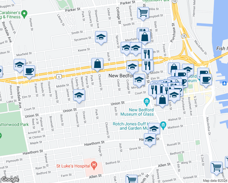 map of restaurants, bars, coffee shops, grocery stores, and more near 254 Ash Street in New Bedford