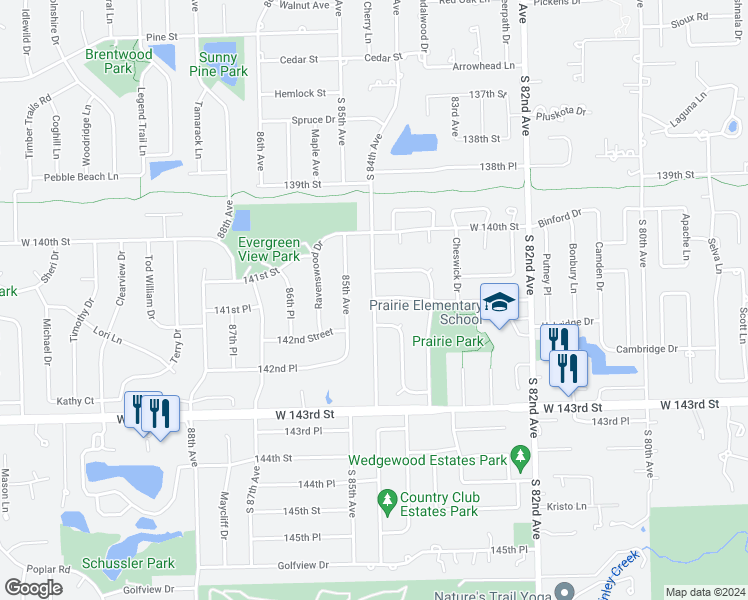 map of restaurants, bars, coffee shops, grocery stores, and more near 14104 South 84th Avenue in Orland Park
