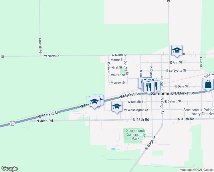 map of restaurants, bars, coffee shops, grocery stores, and more near 235 Rollin Road in Somonauk