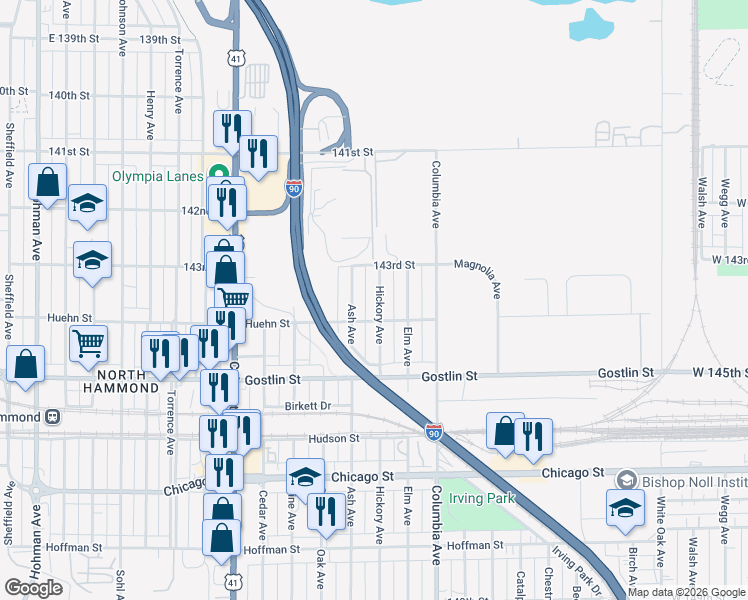 map of restaurants, bars, coffee shops, grocery stores, and more near 4349 Hickory Ave in Hammond