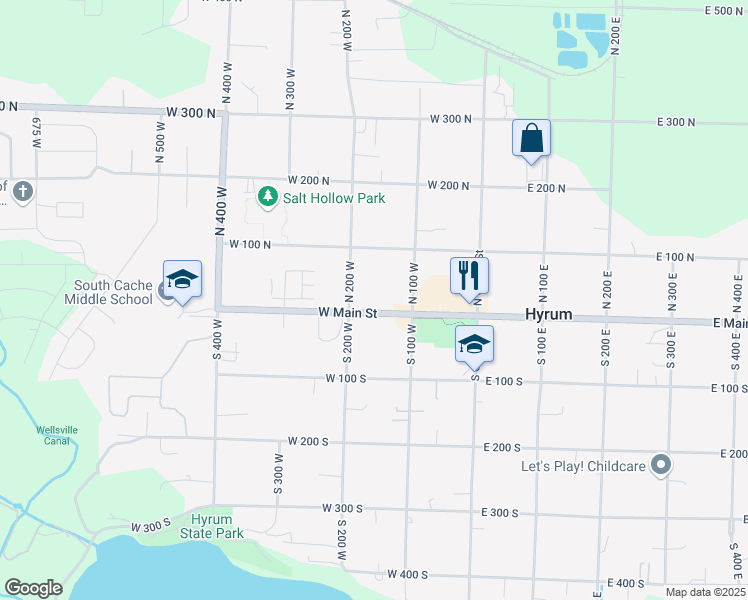 map of restaurants, bars, coffee shops, grocery stores, and more near 166 West Main Street in Hyrum