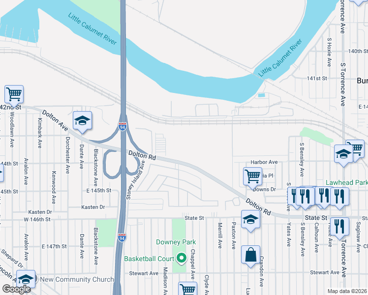map of restaurants, bars, coffee shops, grocery stores, and more near 2000 Dolton Road in Calumet City