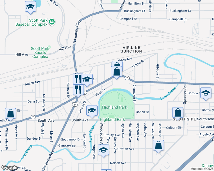 map of restaurants, bars, coffee shops, grocery stores, and more near 1759 Finch Street in Toledo
