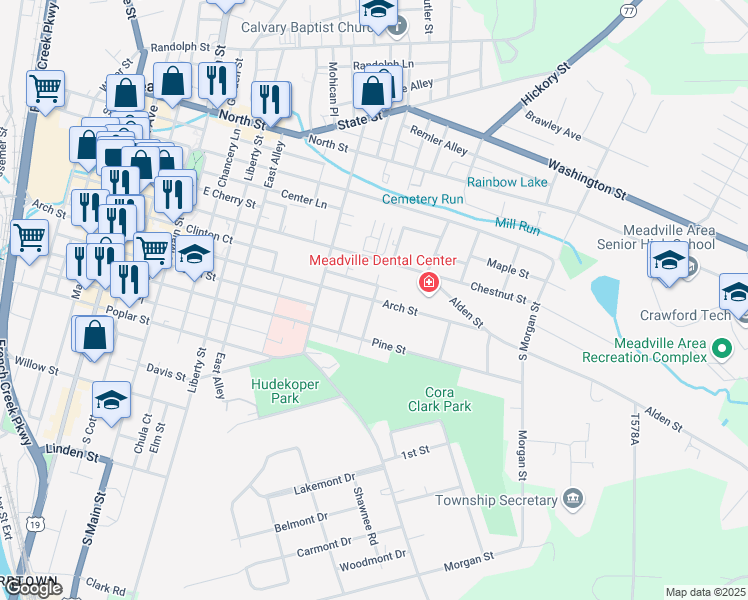 map of restaurants, bars, coffee shops, grocery stores, and more near 574 Arch Street in Meadville