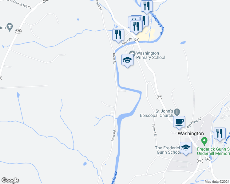 map of restaurants, bars, coffee shops, grocery stores, and more near 47 River Road in Washington