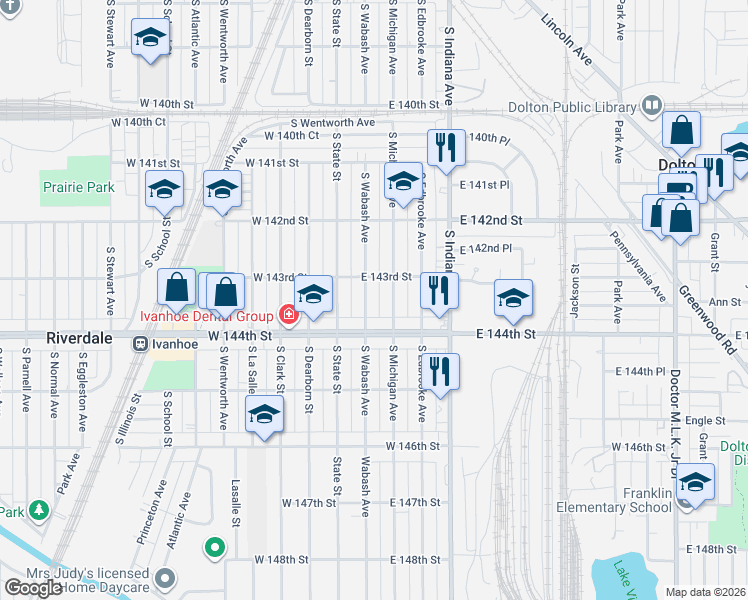 map of restaurants, bars, coffee shops, grocery stores, and more near 14326 South Wabash Avenue in Riverdale