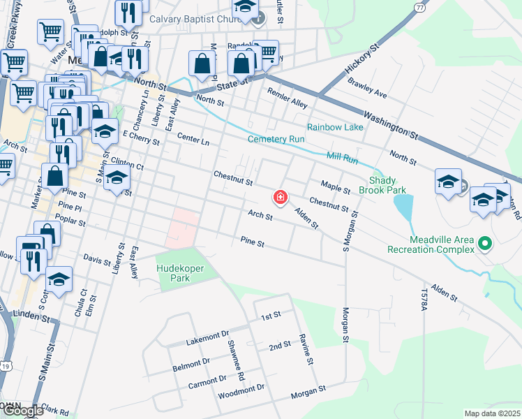 map of restaurants, bars, coffee shops, grocery stores, and more near 574-670 Arch Street in Meadville