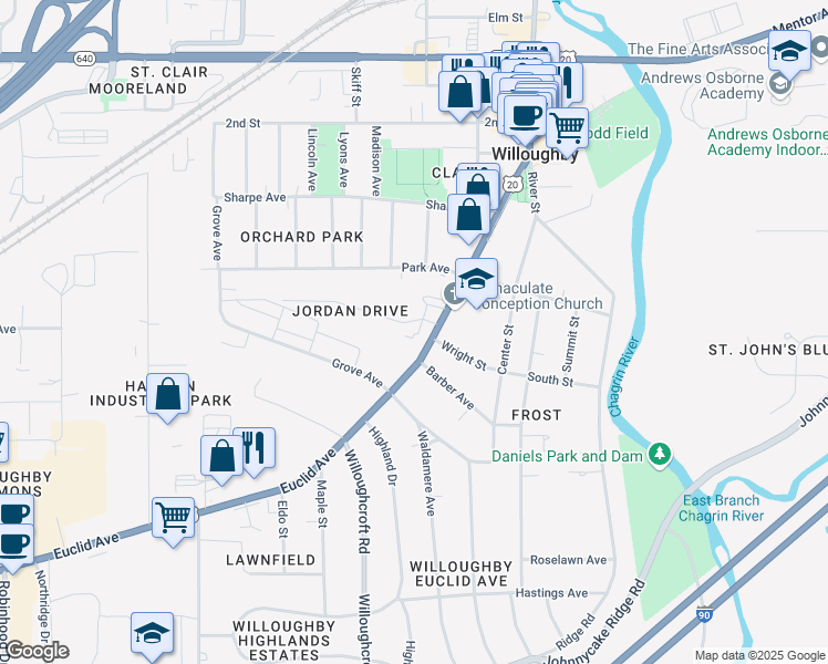 map of restaurants, bars, coffee shops, grocery stores, and more near 37841 Euclid Avenue in Willoughby