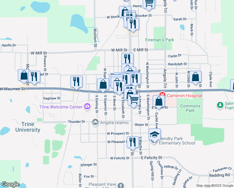 map of restaurants, bars, coffee shops, grocery stores, and more near 118 South Elizabeth Street in Angola