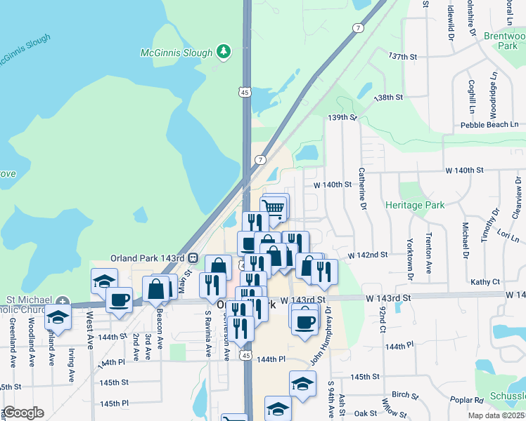 map of restaurants, bars, coffee shops, grocery stores, and more near 14035 South La Grange Road in Orland Park