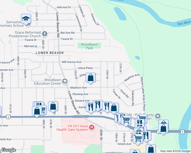 map of restaurants, bars, coffee shops, grocery stores, and more near 3024 Lawnview Drive in Des Moines