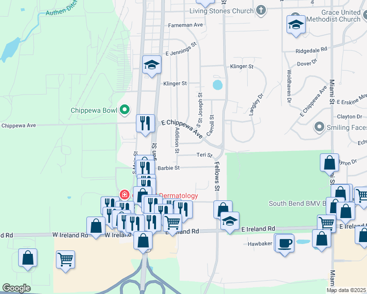 map of restaurants, bars, coffee shops, grocery stores, and more near 4013 Addison Street in South Bend