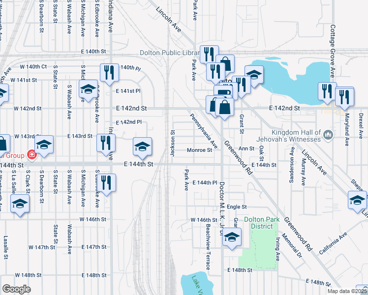 map of restaurants, bars, coffee shops, grocery stores, and more near 428 Monroe Street in Dolton