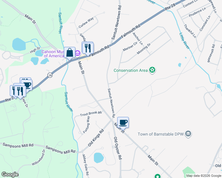 map of restaurants, bars, coffee shops, grocery stores, and more near 44 Banfield Drive in Barnstable