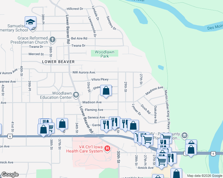 map of restaurants, bars, coffee shops, grocery stores, and more near 3024 Lawnview Drive in Des Moines