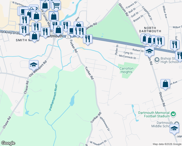 map of restaurants, bars, coffee shops, grocery stores, and more near 1310 Tucker Road in Dartmouth