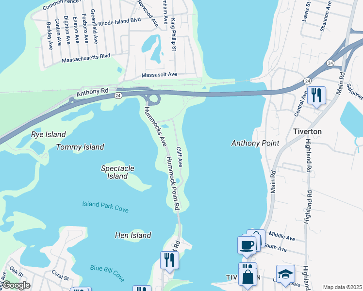 map of restaurants, bars, coffee shops, grocery stores, and more near 98 Cliff Avenue in Portsmouth