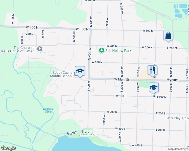 map of restaurants, bars, coffee shops, grocery stores, and more near 365 West Main Street in Hyrum