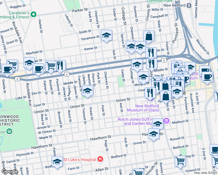 map of restaurants, bars, coffee shops, grocery stores, and more near 140 Chancery Street in New Bedford