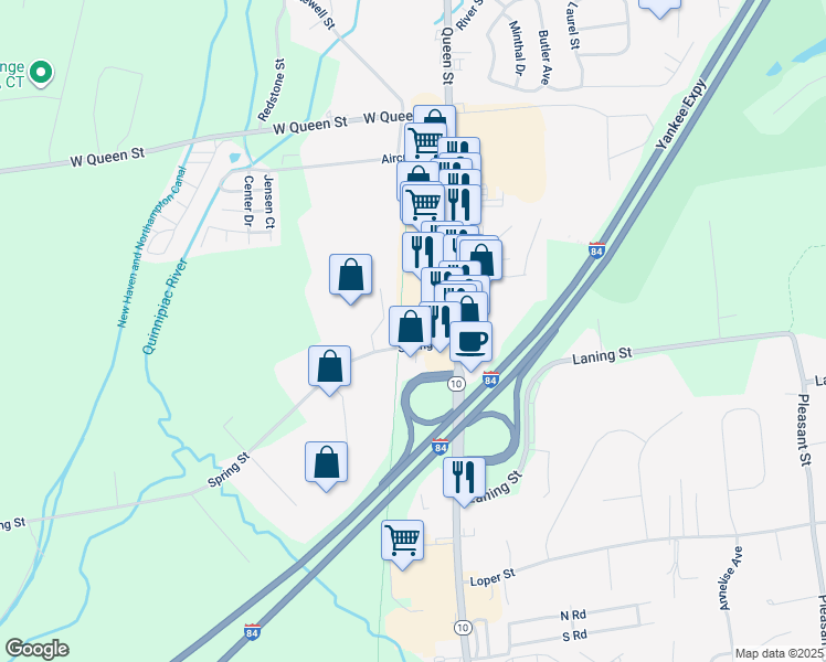 map of restaurants, bars, coffee shops, grocery stores, and more near 672 Queen Street in Southington