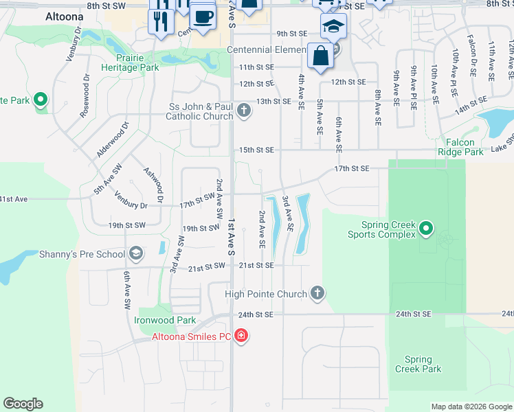 map of restaurants, bars, coffee shops, grocery stores, and more near 1815 Country Cove Lane in Altoona