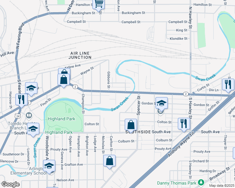 map of restaurants, bars, coffee shops, grocery stores, and more near 331 Edna Street in Toledo