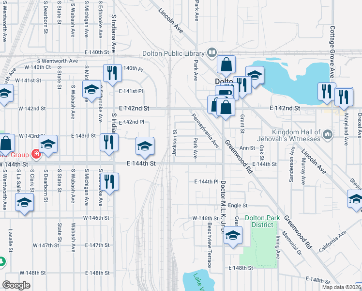 map of restaurants, bars, coffee shops, grocery stores, and more near 409 Monroe Street in Dolton
