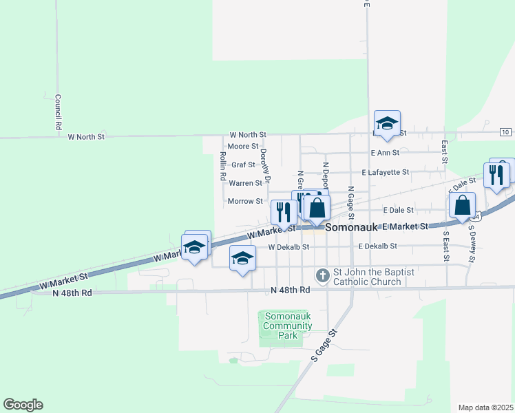 map of restaurants, bars, coffee shops, grocery stores, and more near 340 Burlington Street in Somonauk