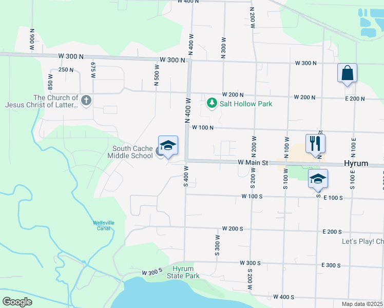 map of restaurants, bars, coffee shops, grocery stores, and more near 6 North 400 West in Hyrum