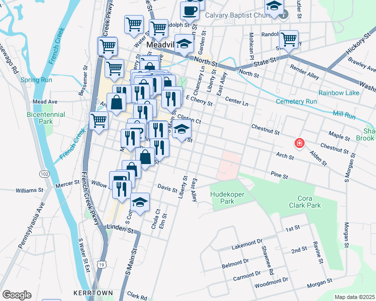 map of restaurants, bars, coffee shops, grocery stores, and more near 385 Pine Street in Meadville