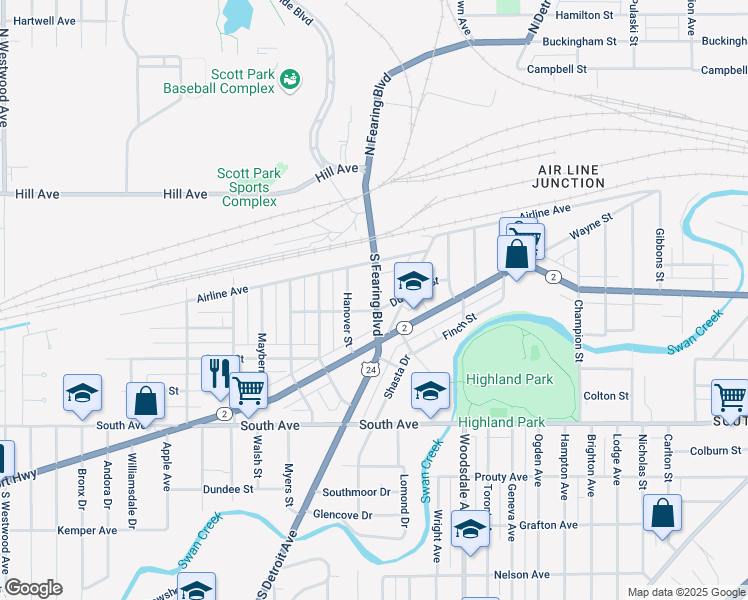 map of restaurants, bars, coffee shops, grocery stores, and more near 329 South Fearing Boulevard in Toledo
