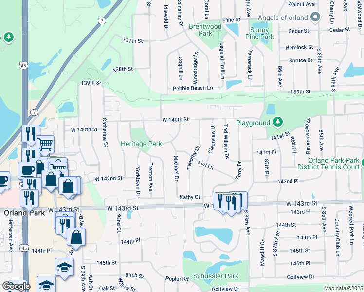map of restaurants, bars, coffee shops, grocery stores, and more near 9013 Lori Lane in Orland Park