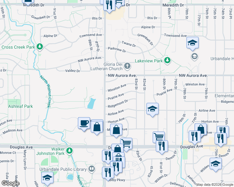 map of restaurants, bars, coffee shops, grocery stores, and more near 8500 Prairie Avenue in Urbandale