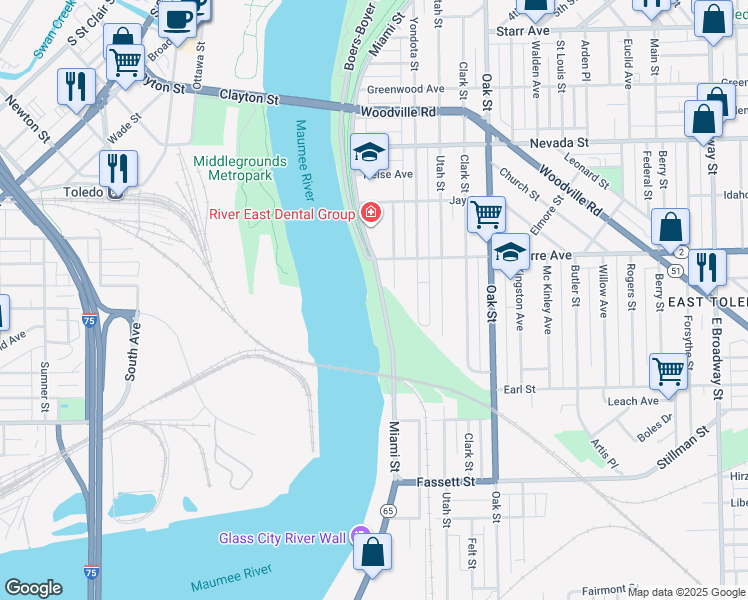 map of restaurants, bars, coffee shops, grocery stores, and more near 844 Miami Street in Toledo