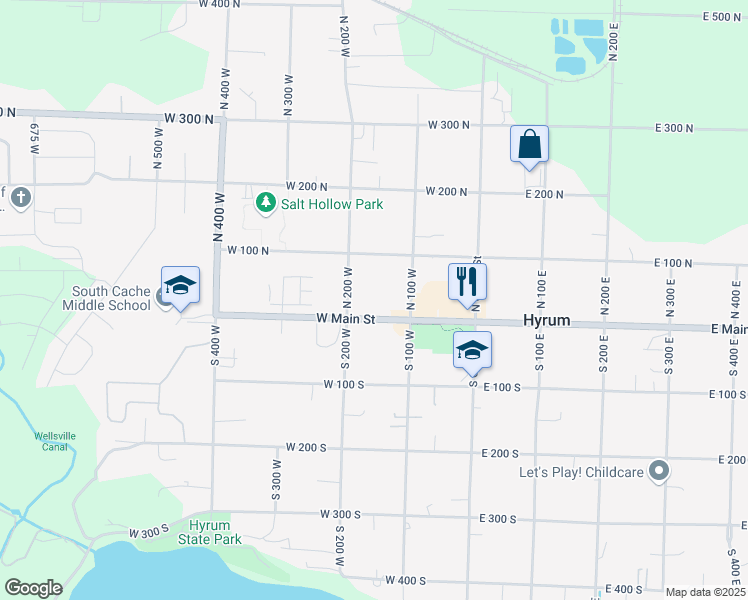 map of restaurants, bars, coffee shops, grocery stores, and more near 166 West Main Street in Hyrum
