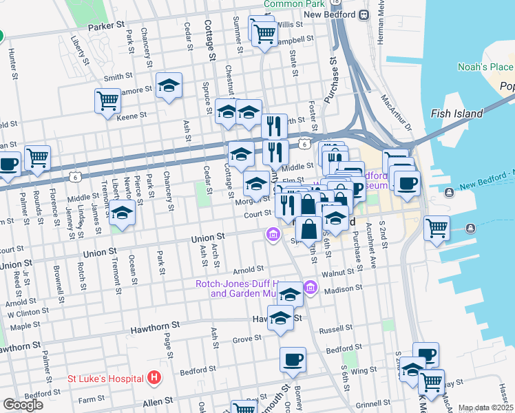 map of restaurants, bars, coffee shops, grocery stores, and more near 455 County Street in New Bedford