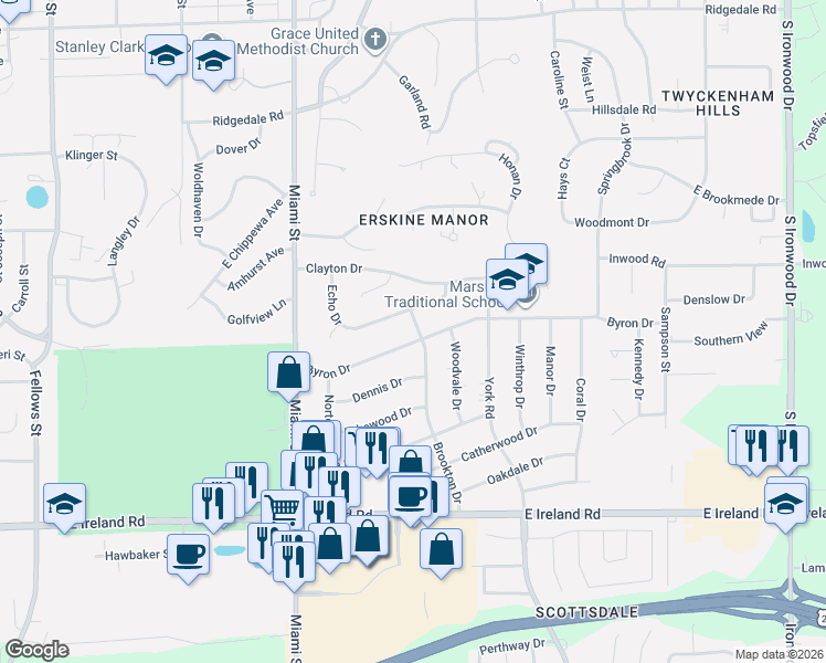 map of restaurants, bars, coffee shops, grocery stores, and more near 1244 Byron Drive in South Bend