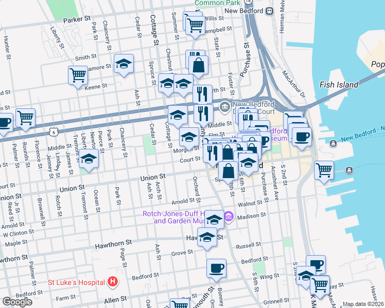 map of restaurants, bars, coffee shops, grocery stores, and more near 455 County Street in New Bedford
