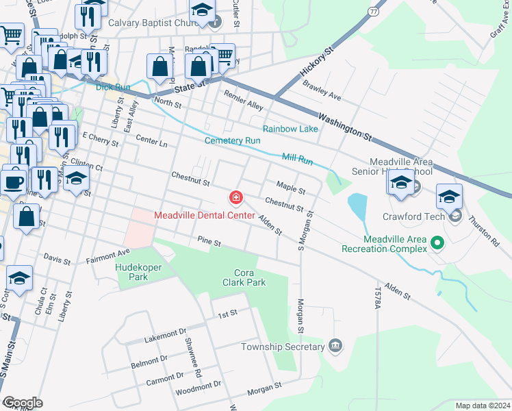 map of restaurants, bars, coffee shops, grocery stores, and more near 651 Chestnut Street in Meadville