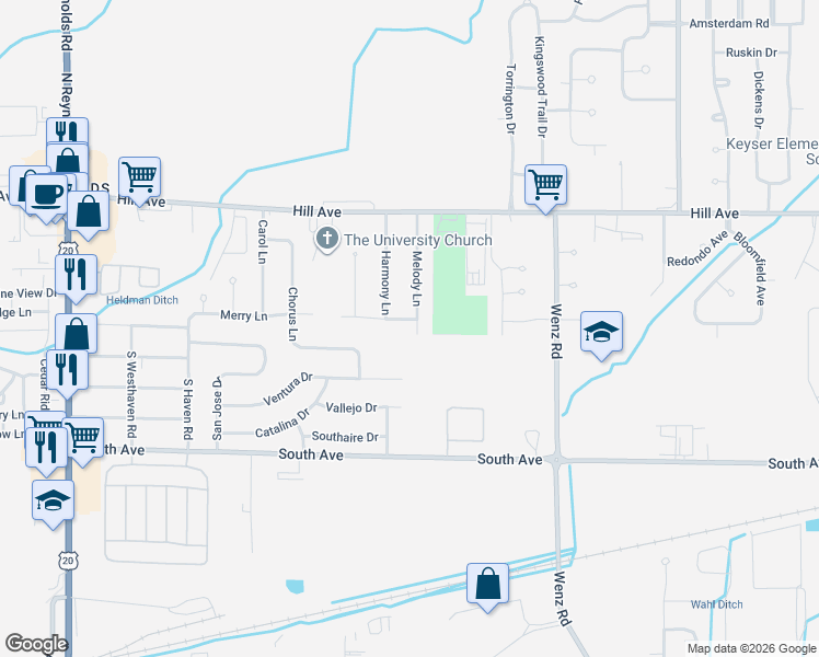 map of restaurants, bars, coffee shops, grocery stores, and more near 129 Melody Lane in Toledo