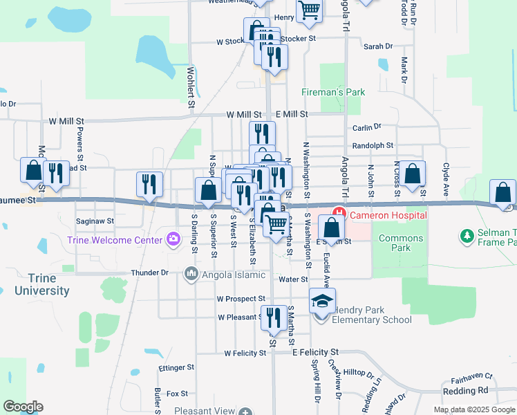 map of restaurants, bars, coffee shops, grocery stores, and more near 101-199 North Elizabeth Street in Angola