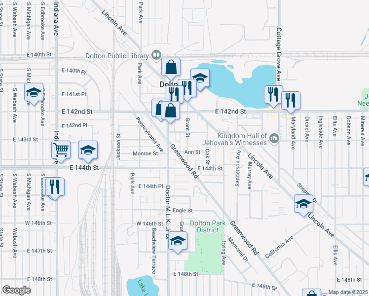 map of restaurants, bars, coffee shops, grocery stores, and more near 14246 Grant Street in Dolton