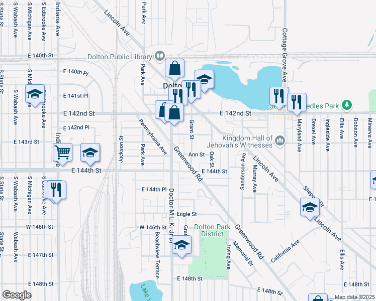 map of restaurants, bars, coffee shops, grocery stores, and more near 14246 Grant Street in Dolton