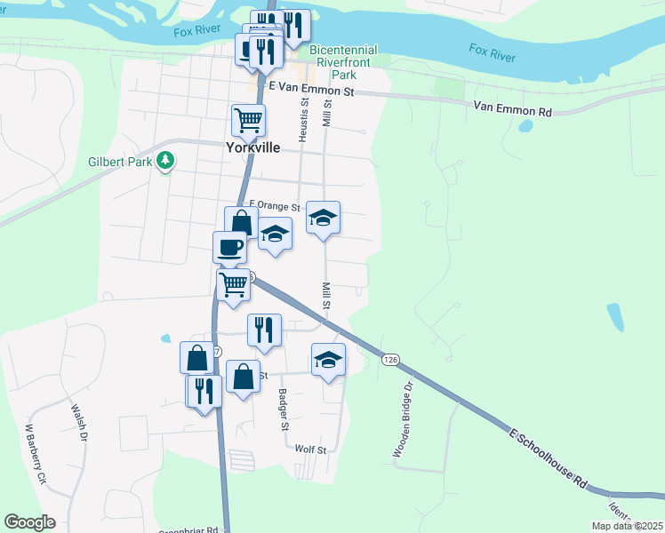 map of restaurants, bars, coffee shops, grocery stores, and more near 306 Olsen Street in Yorkville